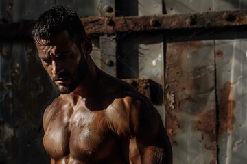 Shirtless muscular man with sweat dripping from his body posing in an old industrial environment