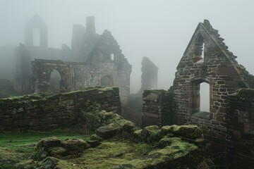 Fog is swirling around ruins of an old abandoned castle covered with moss and grass