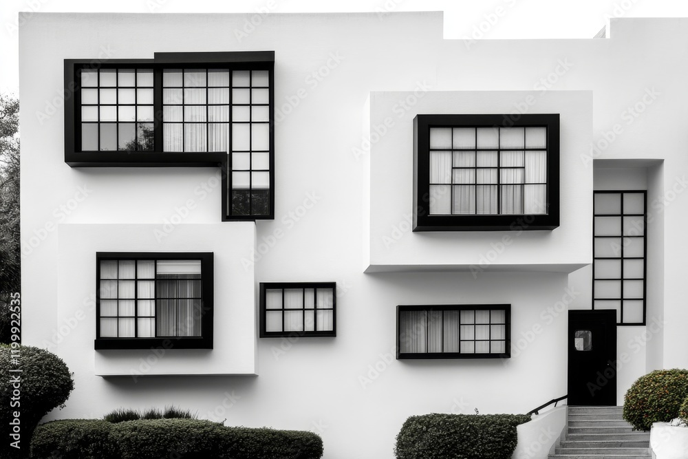Poster a bold geometric design of intersecting window grids in black and white, creating a modern, minimali