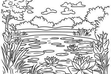 Serene Line Art: Pondside Landscape with Water Lilies and Lush Foliage