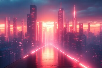 Vibrant city skyline illuminated by neon lights during a stunning sunset with reflections on the ground