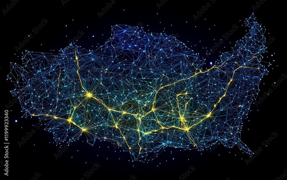 Poster abstract network map of a region, dark background. possible use educational material