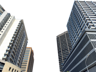 Cape town city skyscrapers isolated on white transparent sky, high rise office business buldings under view. South Africa