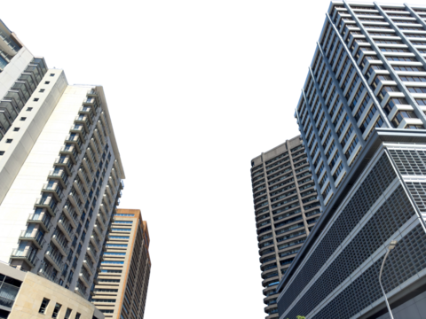 Cape town city skyscrapers isolated on white transparent sky, high rise office business buldings under view. South Africa