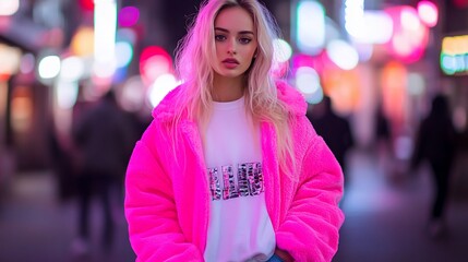 Blonde woman in pink coat at night.