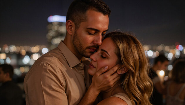 Romantic dance and whispering connection at rooftop party, love