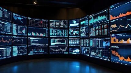 A large display wall with multiple screens displaying stock market data and charts, representing the concept of real-time trading on digital daytime wallpaper.