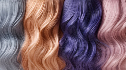 Naklejka premium colorful hair strands, pastel tones, wavy hair textures, fashion photography, trendy hair colors, hair dye styles, vibrant hair palette, soft lighting, close-up hair detail, multicolored hair waves,