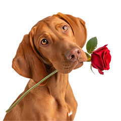 Adorable Vizsla Puppy Holding Red Rose Valentine Dog pet cute love gift sweet heart happy brown     