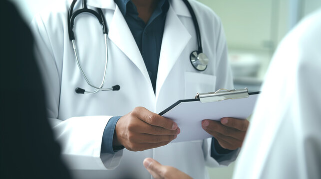 Trabajo en equipo profesional y confianza del paciente en el concepto de hospitalidad del hospital. M&eacute;dicos y pacientes se sientan y hablan con el paciente sobre la medicaci&oacute;n.