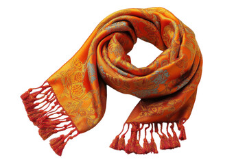 Fashionable orange scarf with intricate patterns and decorative fringes for stylish outfits and warmth