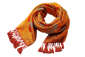 Fashionable orange scarf with intricate patterns and decorative fringes for stylish outfits and warmth