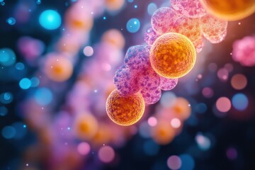 Colorful depiction of cellular structures displaying intricate details of microbial life in a vibrant background