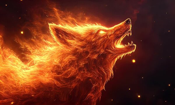 A fiery wolf silhouette howling, symbolizing strength and passion amidst swirling flames.