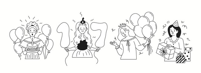 Happy women celebrating birthdays linear icons collection. Ladies with b-day party accessories doodle characters set on white background