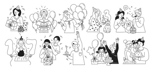 Birthday holiday celebration linear icons collection. Happy people enjoying b-day party doodle characters set on white background