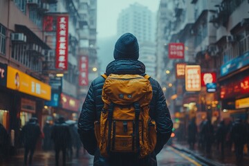 Obraz premium Traveler explores busy urban street in a vibrant city during evening hours