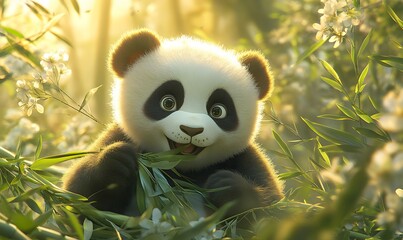 Obraz premium Cute Panda Cub Playfully Trying to Eat Bamboo