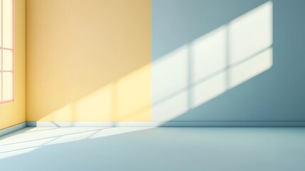 Empty room with sunlight and shadows, interior design, photorealistic rendering, possible use as background