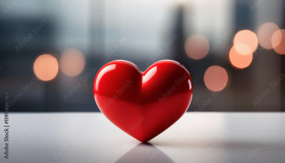 Wall mural A shiny red heart sits on a white surface against a blurred background of warm lights.
