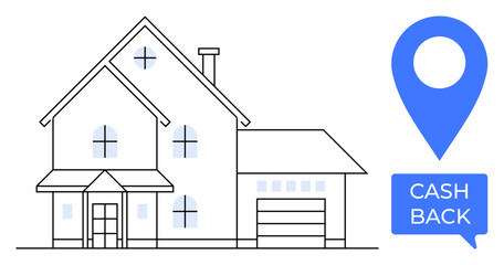 Detailed house drawing with windows, garage, and front porch and a blue location marker showing Cash Back. Ideal for real estate, home buying, property investment, savings, financial incentives