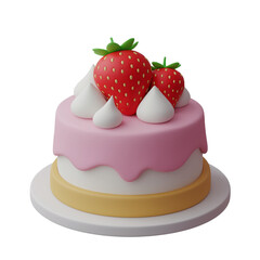 3D cake with strawberry, 3d render icon isolated on transparent background. Cutout