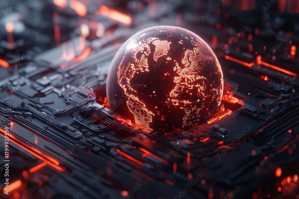 Poster a cyberpunk-inspired depiction of earth glowing with neon lights and surrounded by holographic data 