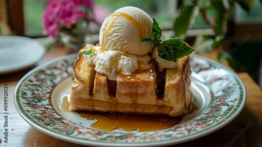 Poster an artistic arrangement of honey toast served on a patterned plate, with a scoop of ice cream meltin