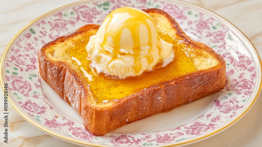 Poster an artistic arrangement of honey toast served on a patterned plate, with a scoop of ice cream meltin