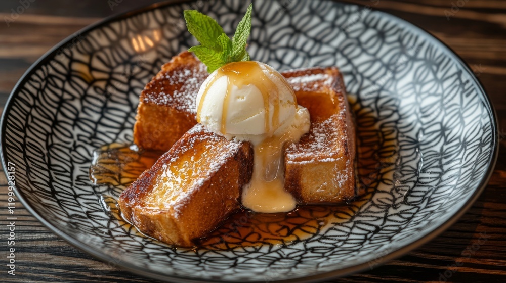 Poster an artistic arrangement of honey toast served on a patterned plate, with a scoop of ice cream meltin