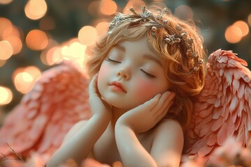 Fototapeta premium Cherubic child with angel wings rests peacefully amidst a sparkling background at twilight