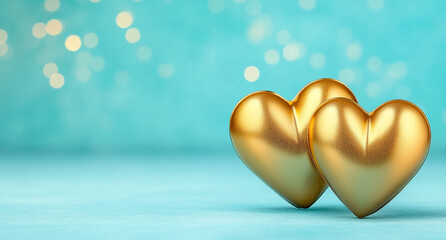 Obraz premium Two-golden-hearts-on-a-soothing-teal-bokeh-background-for-Valentines-Day