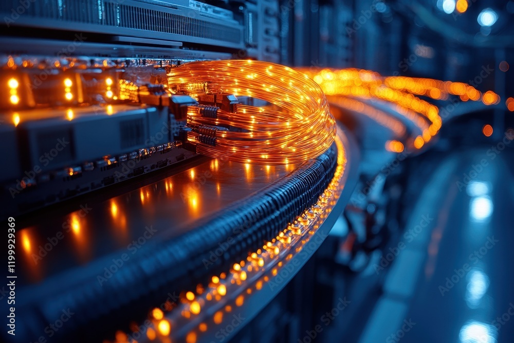 Poster illuminated data cables in a high-tech server room showcasing advanced networking technology