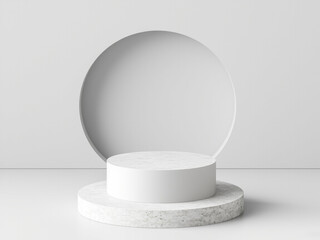 White podium  for exhibition product minimal add object natural plant background for mockup cosmetic and other product