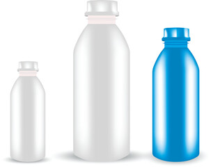 bottle mockup set, front view, 3d rendering. metal and glass flask for hiking or active tourism mock up, isolated. Clear thermos or tube for coffee and. 3D Illustration