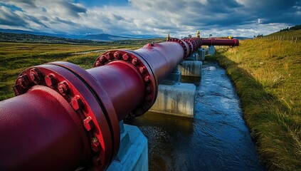 A red pipeline stretches over a stream in a vast landscape, surrounded by lush green fields and distant mountains under a dramatic sky. Industrial infrastructure meets nature in harmony