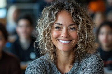 Fototapeta premium Woman with curly hair smiling warmly in a busy cafe during afternoon hours surrounded by cheerful patrons