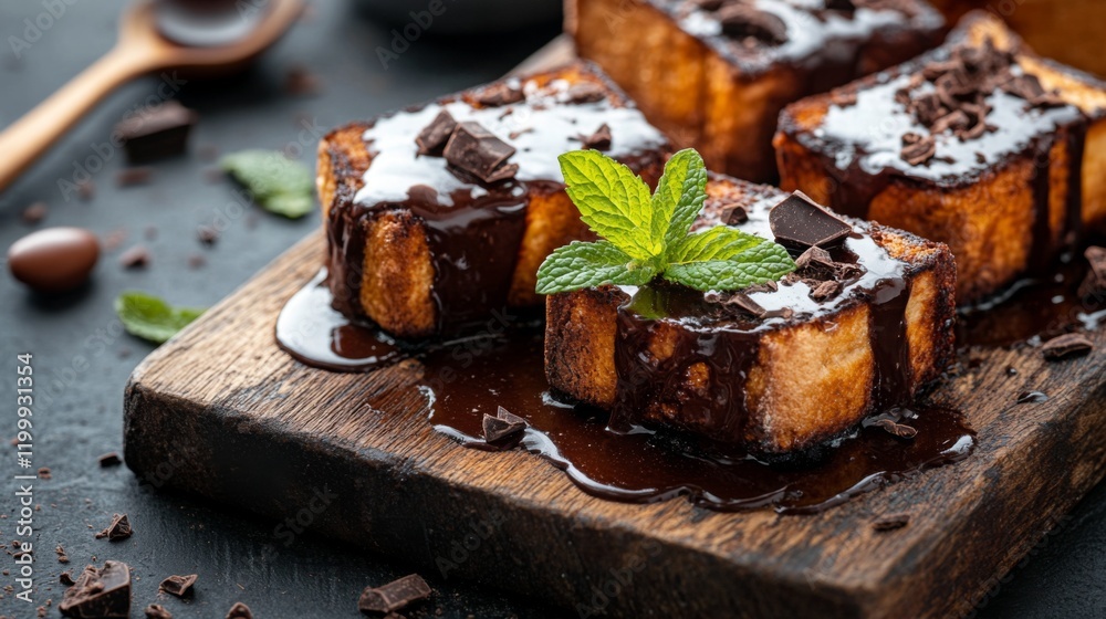 Poster An artistic shot of honey toast served on a rustic wooden board, garnished with a sprig of mint and a side of rich chocolate sauce for dipping.