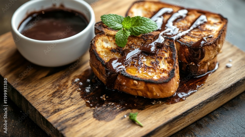 Poster An artistic shot of honey toast served on a rustic wooden board, garnished with a sprig of mint and a side of rich chocolate sauce for dipping.