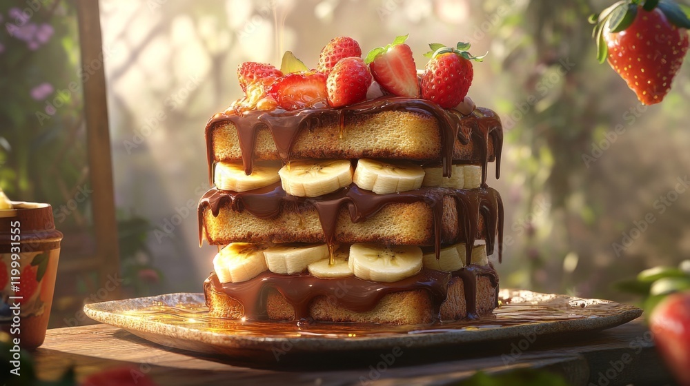 Poster An artistic shot of honey toast with a thick layer of Nutella, topped with sliced strawberries and bananas, drizzled with honey for a chocolatey delight.