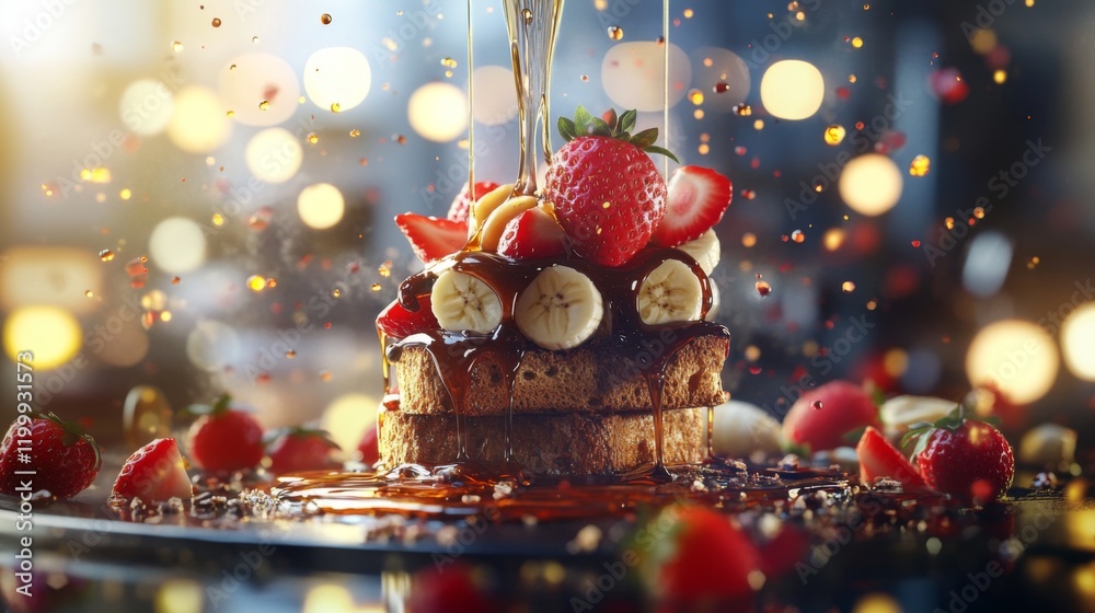 Poster an artistic shot of honey toast with a thick layer of nutella, topped with sliced strawberries and b