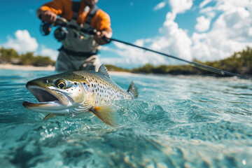Man fishing in water, holding a large fish. Bright sunny day at peaceful lake.