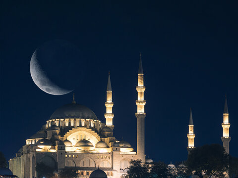 Islamic or ramadan concept image with crescent moon and mosque