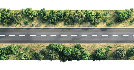 Aerial view of a straight asphalt road with a transparent background. high resolution PNG file