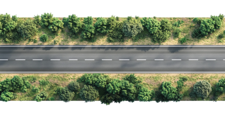 Aerial view of a straight asphalt road with a transparent background. high resolution PNG file