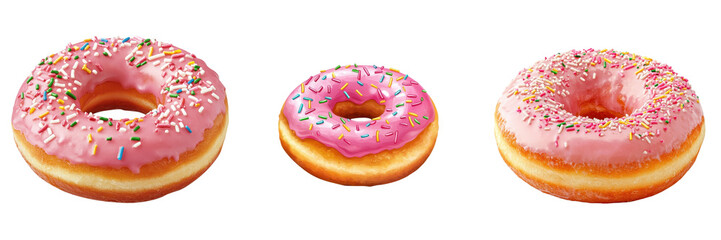 Three delectable donuts with pink icing and colorful sprinkles, showcasing different sizes and a soft, fluffy texture.