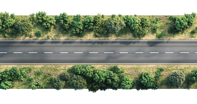 Aerial view of a straight asphalt road with a transparent background. high resolution PNG file - Powered by Adobe