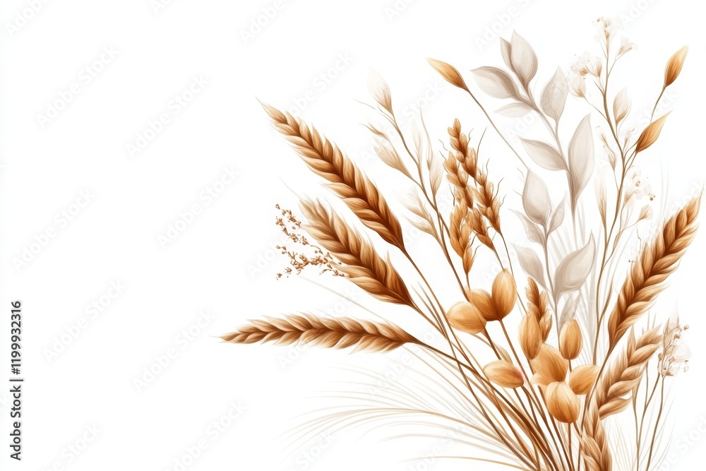 Poster A flat 2D illustration of a single stalk of wheat in golden tones, drawn with simple lines on a white background for a clean aesthetic