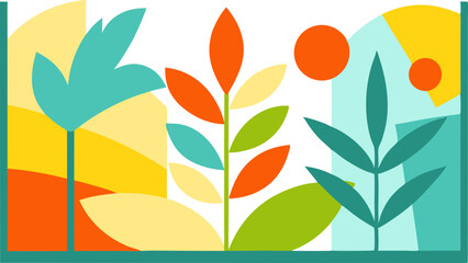 Illustration of a Floral Scene with Colorful Flowers and Leaves