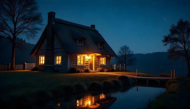 An illuminated traditional cottage with a thatched roof, glowing warmly from within, set against a starry night sky